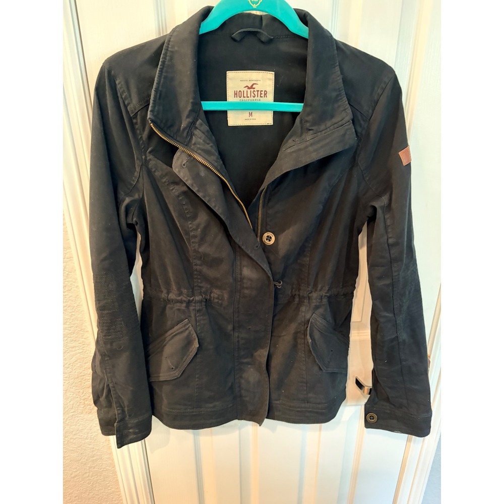 Hollister Utility Jacket Black Drawstring Waist Moto Sleeve Field Coat M